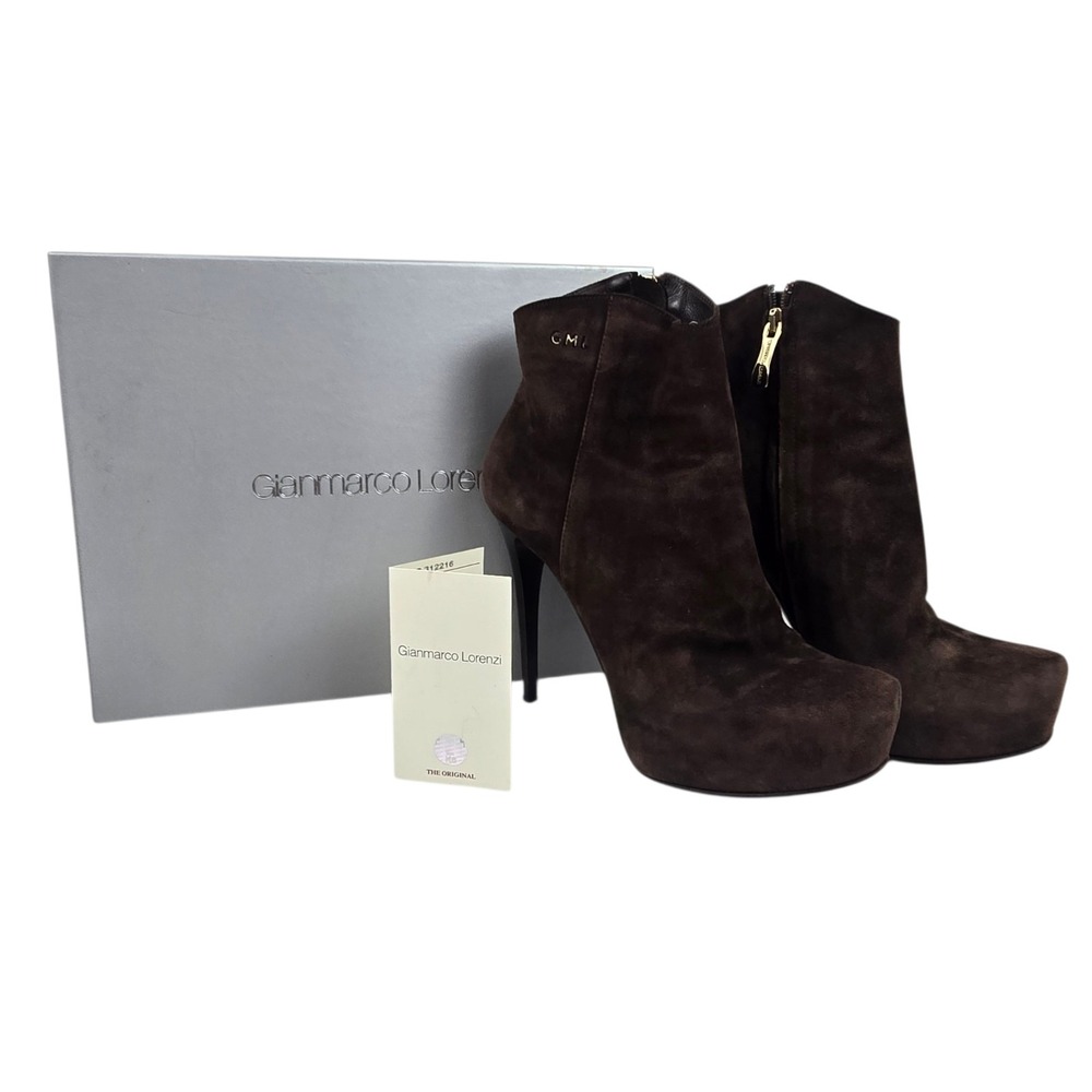 Gianmarco Lorenzi Brown Suede Stiletto Platform Boots Size 37.5 Italy A8D9A0567